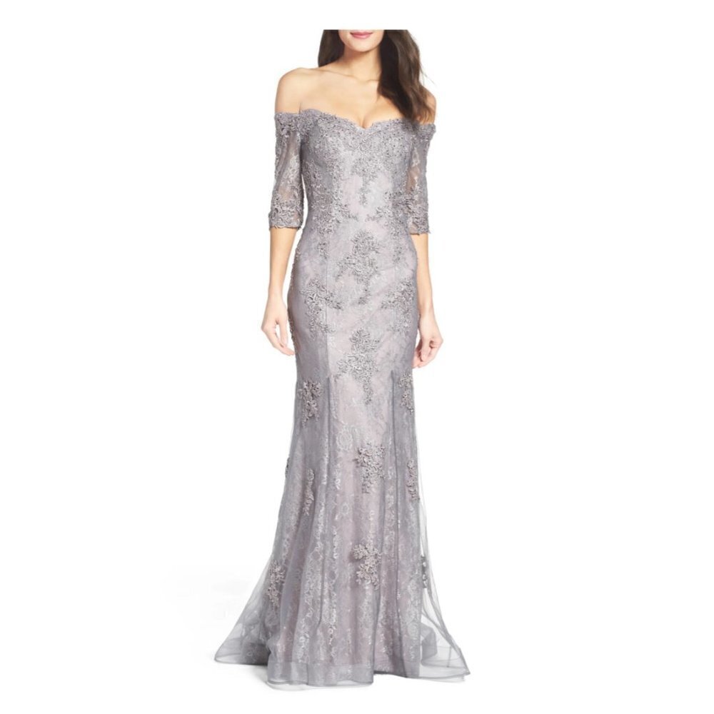 La Femme Silver Off Shoulder Embroidered Lace Mermaid Fancy Wedding Dress Gown